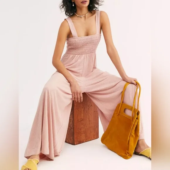 Free People Pink Sleeveless Smocked Wide Leg Homecoming Jumpsuit - Picture 1 of 4